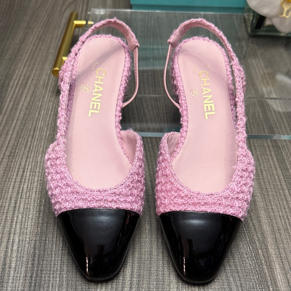 Chanel Pink Tweed Flats with Black Cap Toe